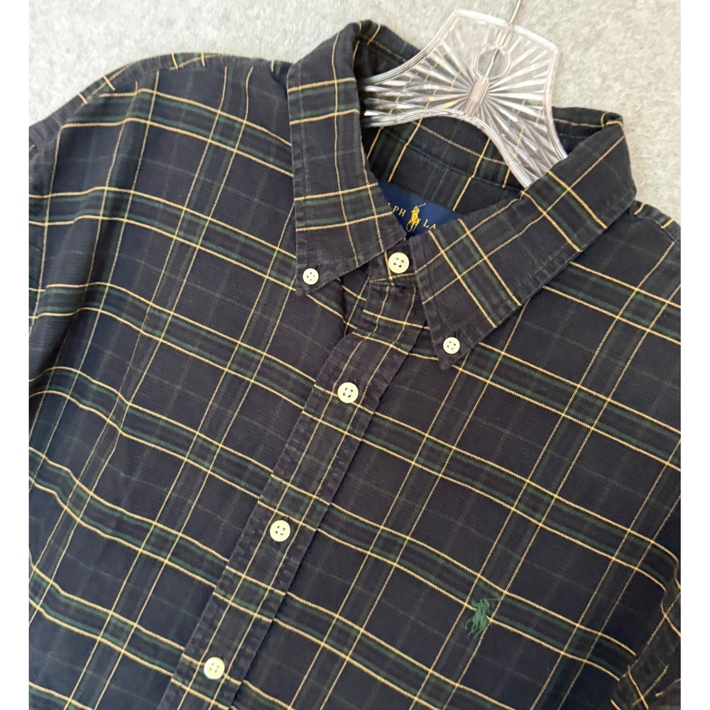 Ralph Lauren Button Down Shirt Mens XL Black Green Yellow Plaid Long Sleeve Logo